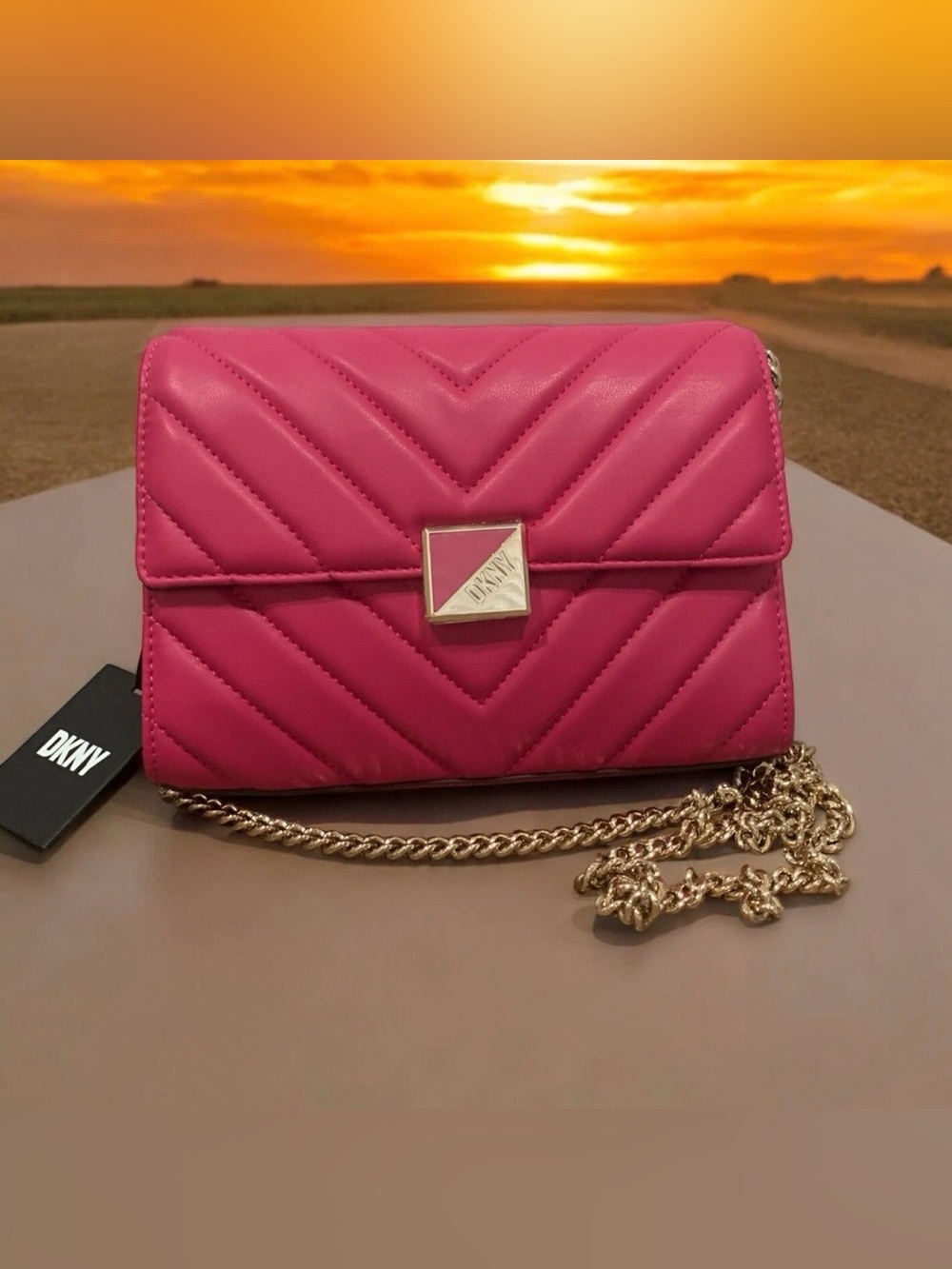DKNY Devon Clutch Quilt Pink Gold Toned Chain Crossbody Bag - Picture 5 of 10